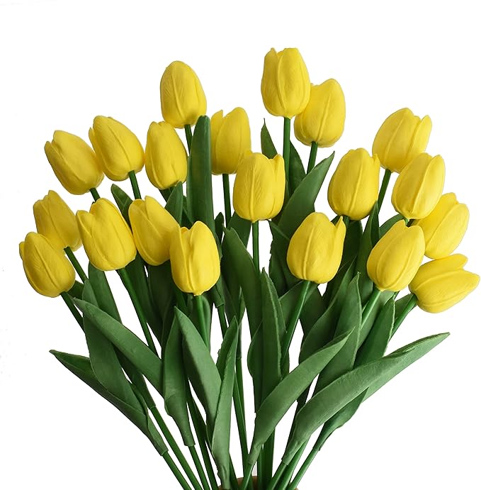 20pcs Artificial Tulips Flowers Fake Faux PU Tulip Bouquet Real Touch Flower Arrangement for Home Room Office Party Wedding Decoration Excellent Gift Idea for Mothers Day (Yellow)