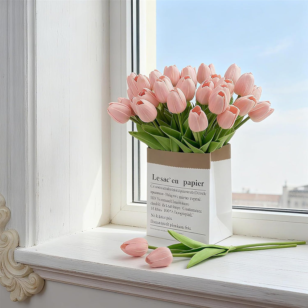 Pink Faux Tulips Real Touch (20 Pcs) - 13.5 Inch Premium PU Artificial Flowers for Mother's Day, Spring & Easter Home Decor, Wedding Bouquet