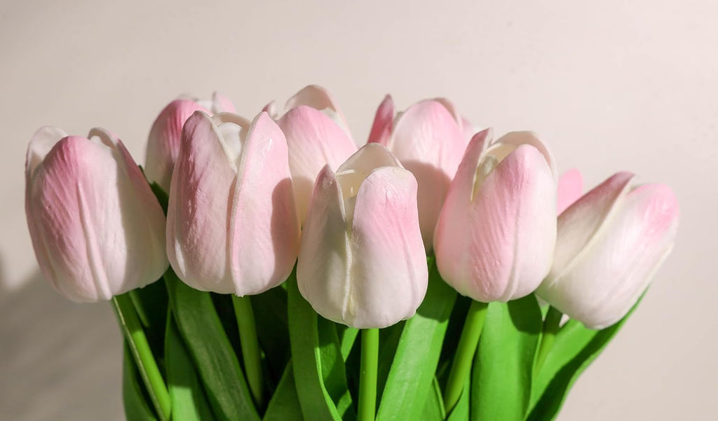 15pcs Fake Tulips Artificial Flowers Real Touch Pink 14" PU Flower for Home Kitchen Decor Spring Easter Wedding Bouquet Decorations Office Valentine's Day Gifts(Light Pink)