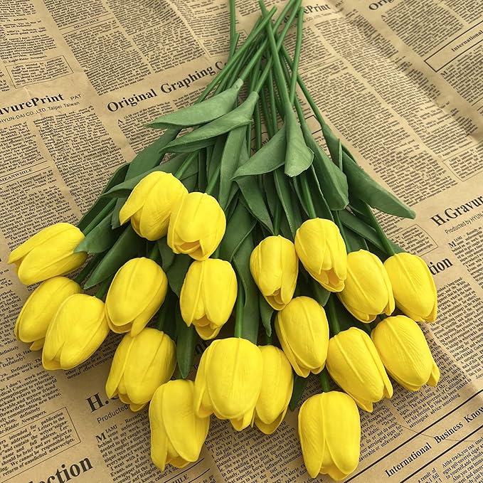 20pcs Artificial Tulips Flowers Fake Faux PU Tulip Bouquet Real Touch Flower Arrangement for Home Room Office Party Wedding Decoration Excellent Gift Idea for Mothers Day (Yellow)