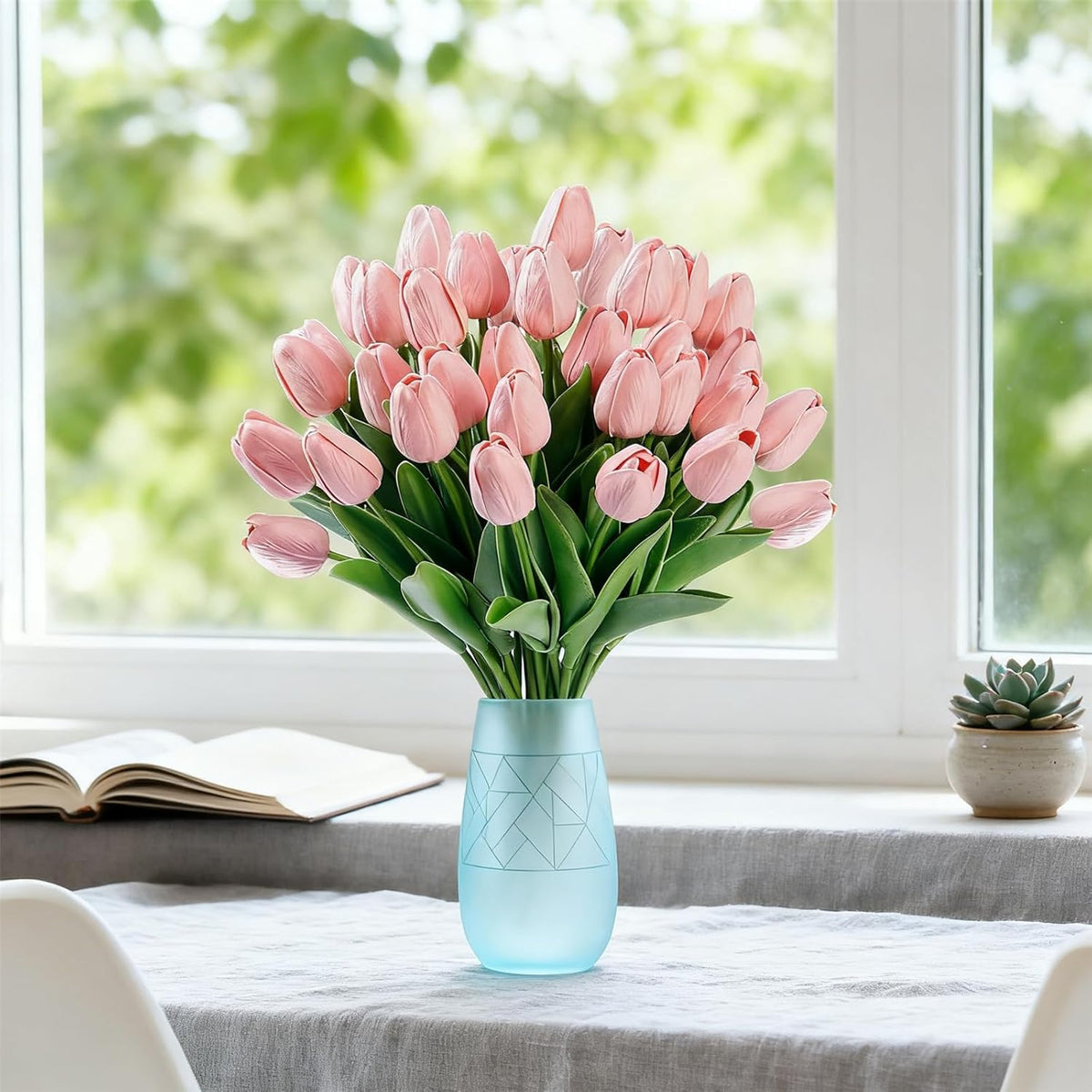 Pink Faux Tulips Real Touch (20 Pcs) - 13.5 Inch Premium PU Artificial Flowers for Mother's Day, Spring & Easter Home Decor, Wedding Bouquet