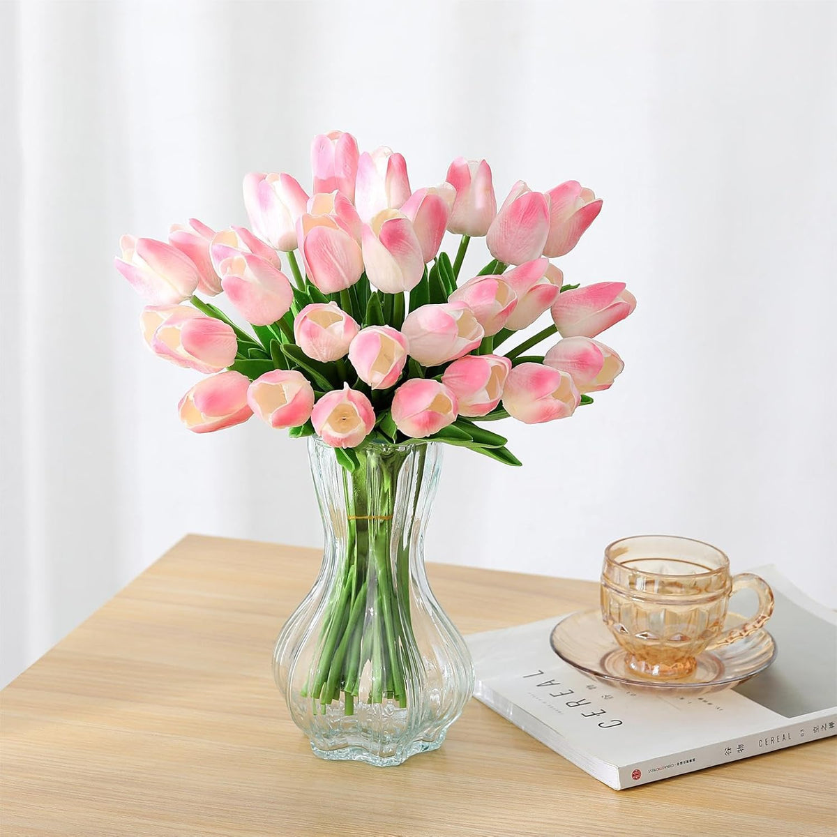 15pcs Fake Tulips Artificial Flowers Real Touch Pink 14" PU Flower for Home Kitchen Decor Spring Easter Wedding Bouquet Decorations Office Valentine's Day Gifts(Light Pink)