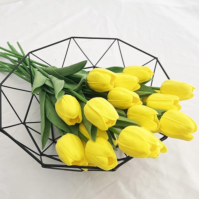 20pcs Artificial Tulips Flowers Fake Faux PU Tulip Bouquet Real Touch Flower Arrangement for Home Room Office Party Wedding Decoration Excellent Gift Idea for Mothers Day (Yellow)