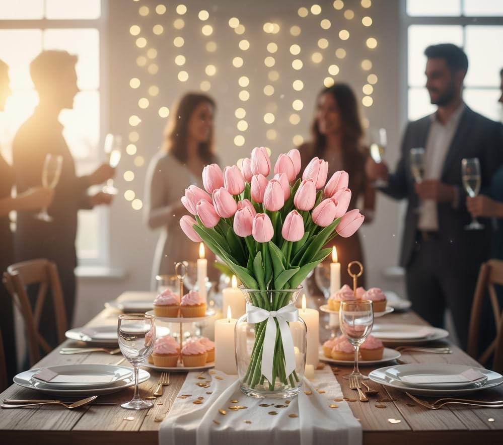 Pink Faux Tulips Real Touch (20 Pcs) - 13.5 Inch Premium PU Artificial Flowers for Mother's Day, Spring & Easter Home Decor, Wedding Bouquet