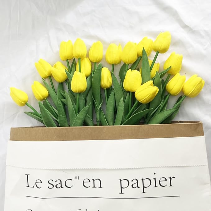 20pcs Artificial Tulips Flowers Fake Faux PU Tulip Bouquet Real Touch Flower Arrangement for Home Room Office Party Wedding Decoration Excellent Gift Idea for Mothers Day (Yellow)