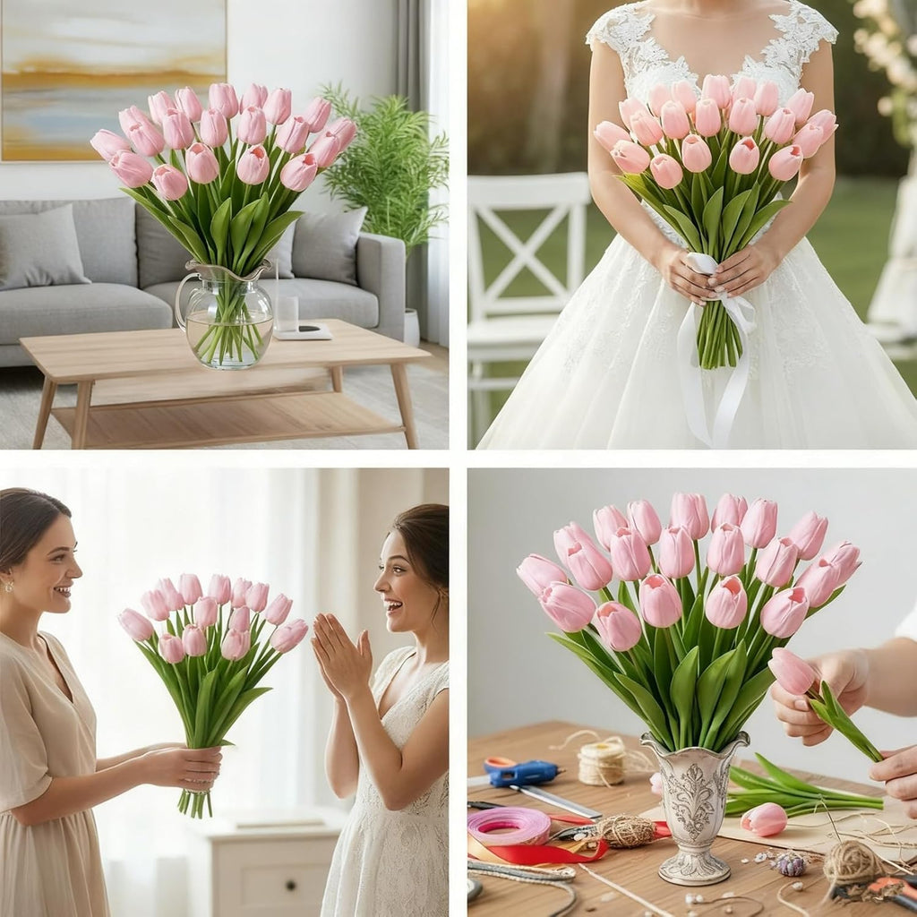 Pink Faux Tulips Real Touch (20 Pcs) - 13.5 Inch Premium PU Artificial Flowers for Mother's Day, Spring & Easter Home Decor, Wedding Bouquet