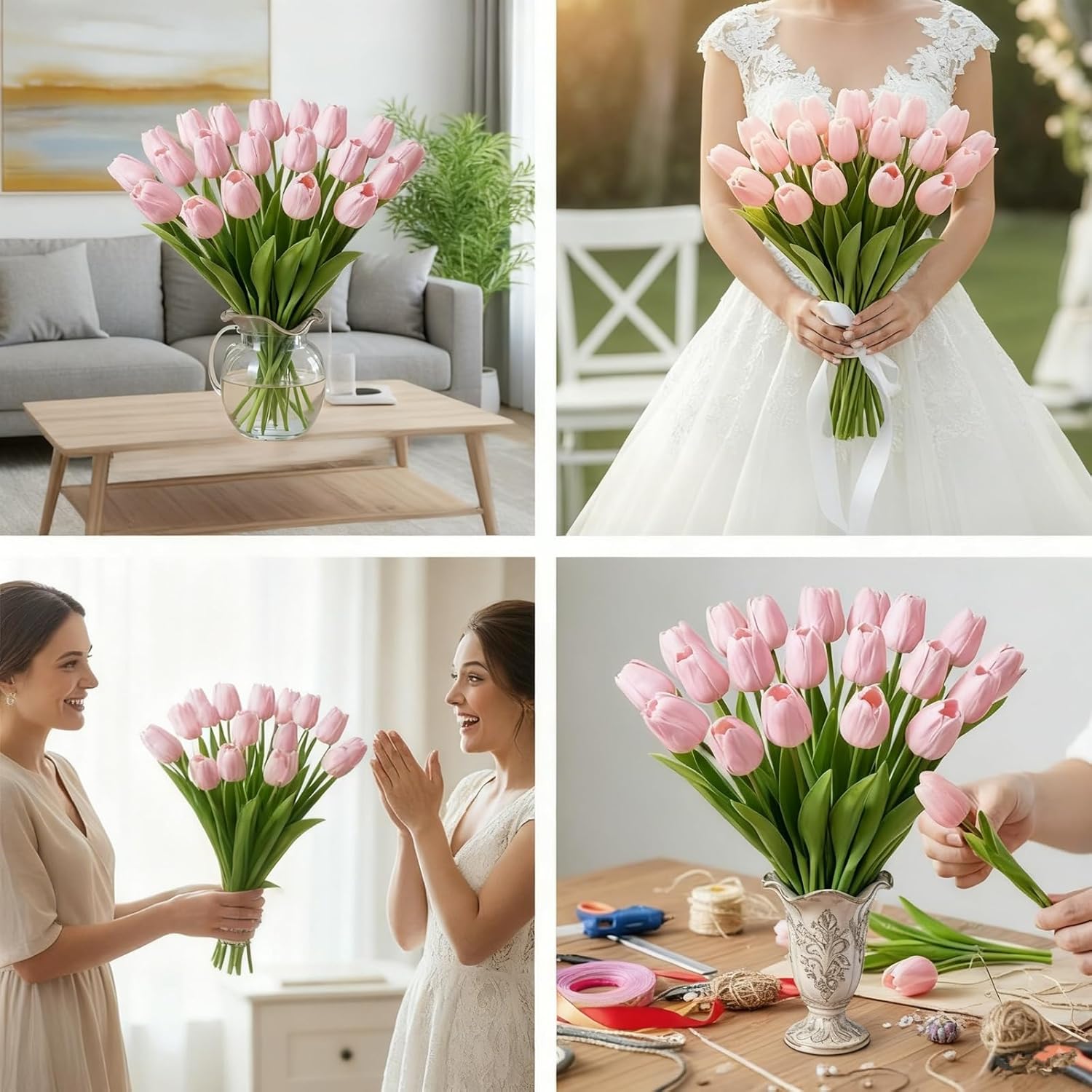 Pink Faux Tulips Real Touch (20 Pcs) - 13.5 Inch Premium PU Artificial Flowers for Mother's Day, Spring & Easter Home Decor, Wedding Bouquet