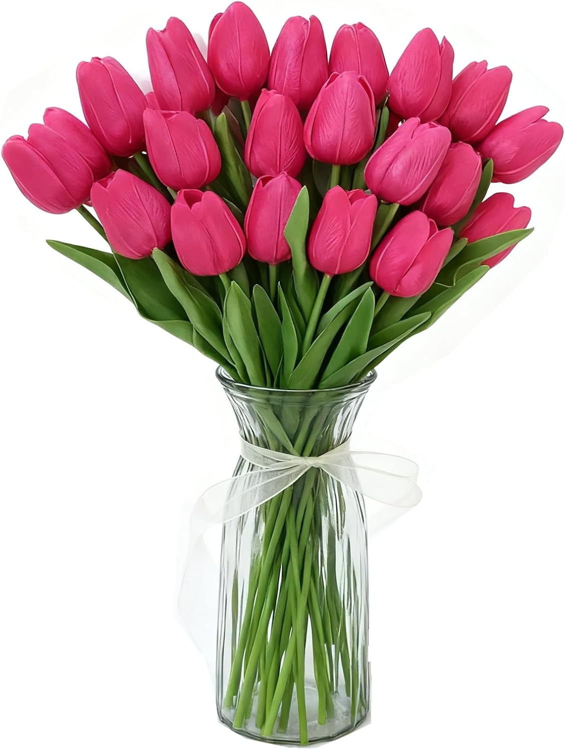 Pink Faux Tulips Real Touch (20 Pcs) - 13.5 Inch Premium PU Artificial Flowers for Mother's Day, Spring & Easter Home Decor, Wedding Bouquet