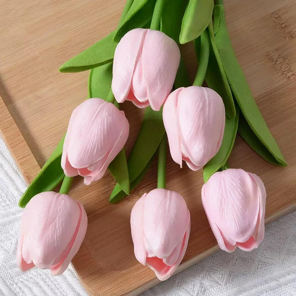 Pink Faux Tulips Real Touch (20 Pcs) - 13.5 Inch Premium PU Artificial Flowers for Mother's Day, Spring & Easter Home Decor, Wedding Bouquet