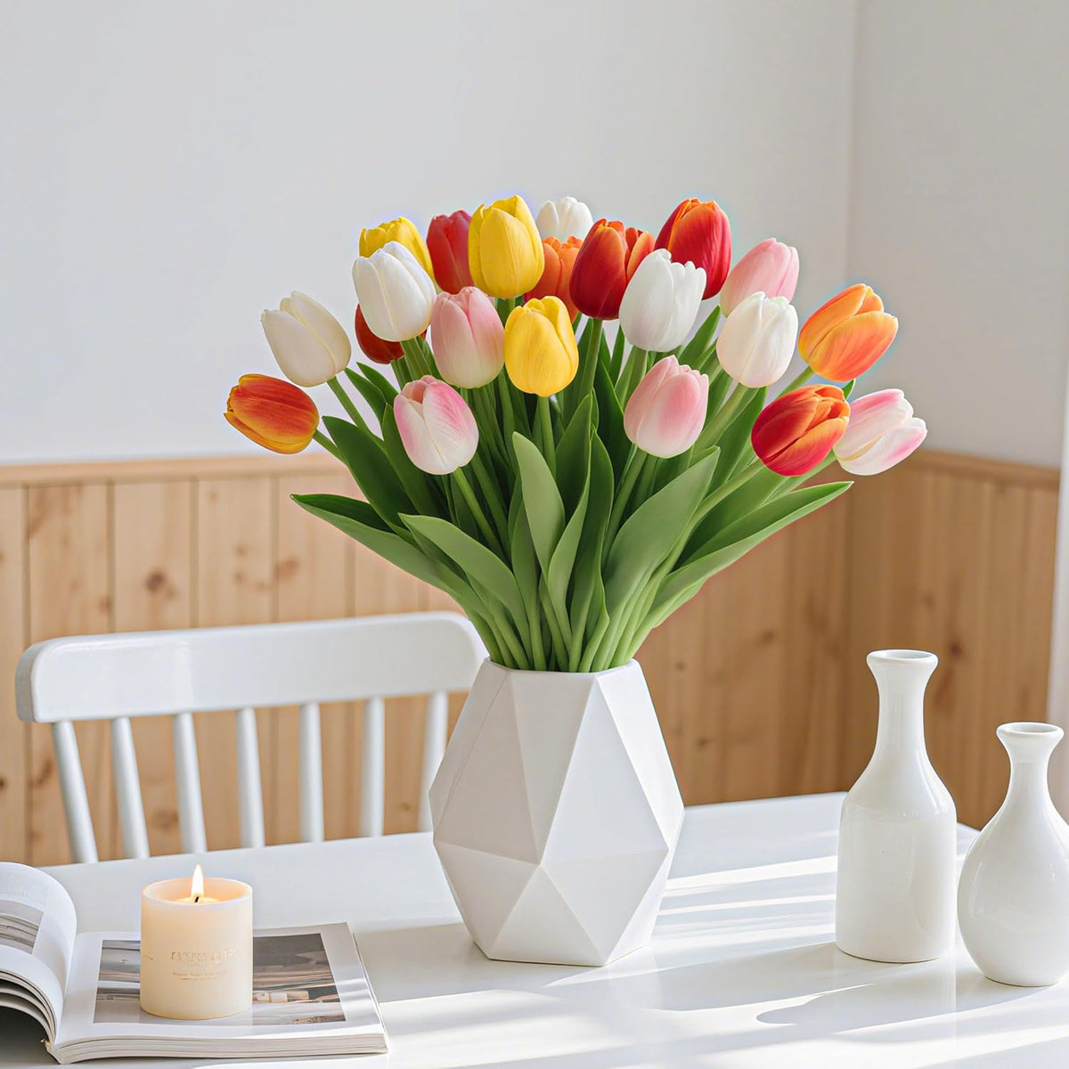 20Pcs Fake Tulips Artificial Flowers 13" Multicolor Faux Tulips Real Touch PU Tulip Bouquet for Mother's Day Home Kitchen Decor Home Party Office Decorations