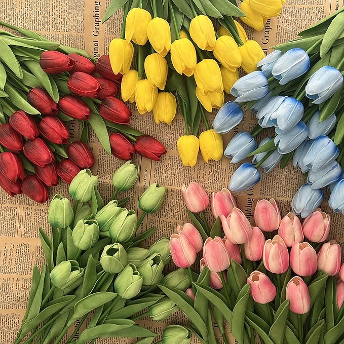 20pcs Artificial Tulips Flowers Fake Faux PU Tulip Bouquet Real Touch Flower Arrangement for Home Room Office Party Wedding Decoration Excellent Gift Idea for Mothers Day (Yellow)