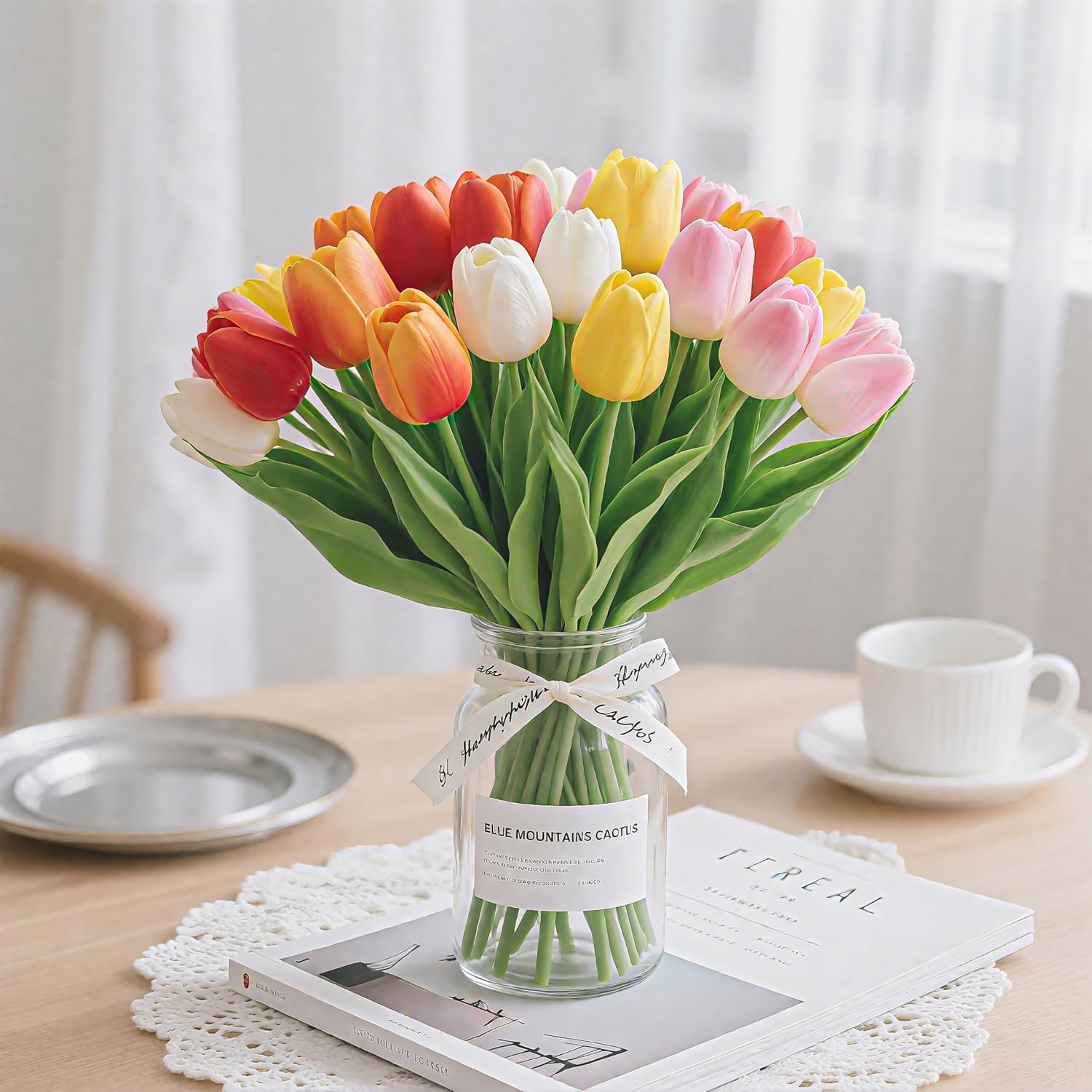 20Pcs Fake Tulips Artificial Flowers 13" Multicolor Faux Tulips Real Touch PU Tulip Bouquet for Mother's Day Home Kitchen Decor Home Party Office Decorations