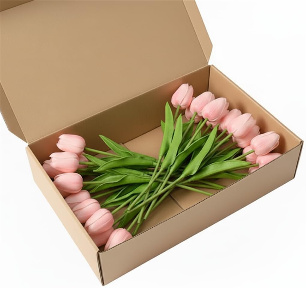 Pink Faux Tulips Real Touch (20 Pcs) - 13.5 Inch Premium PU Artificial Flowers for Mother's Day, Spring & Easter Home Decor, Wedding Bouquet